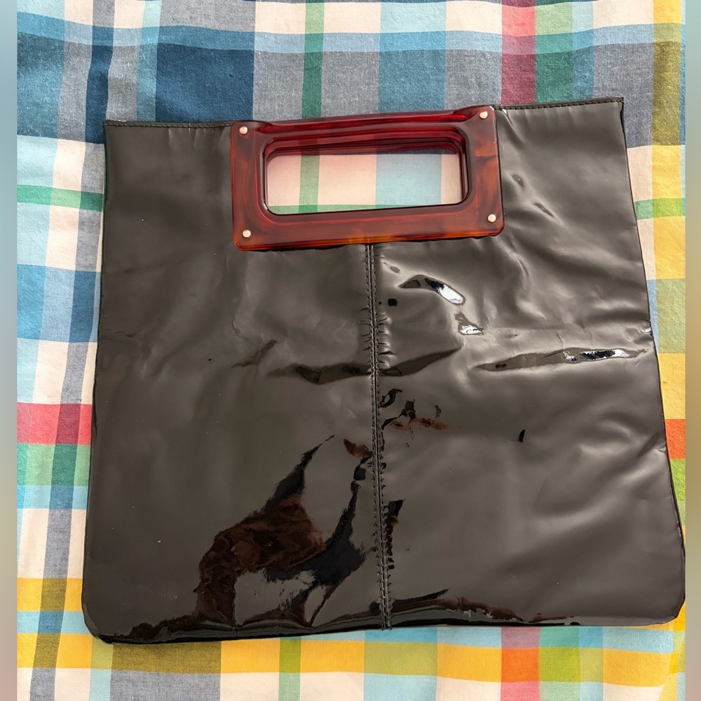 Vintage Black Patent Clutch with Amber Handle - made in Montreal Canada 🇨🇦